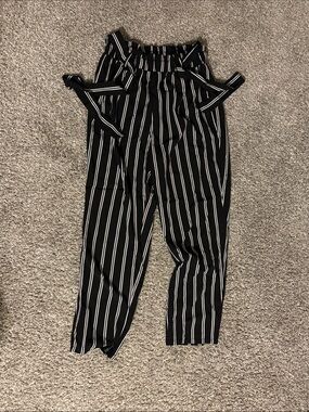 SHEIN Black and White Striped Paperbag Waist Trousers with Tie